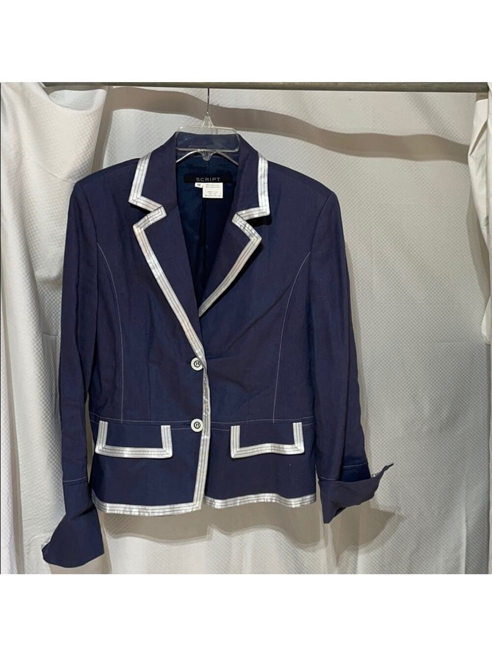 Script 12 blue linen jacket white ribbon trim NWT